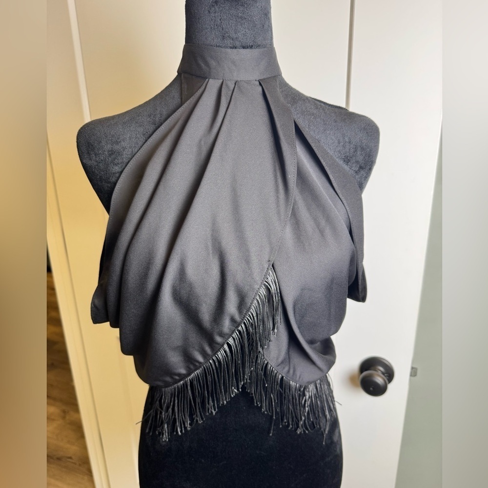 ASOS wrapped draped fringe halter top black buttons on back satin